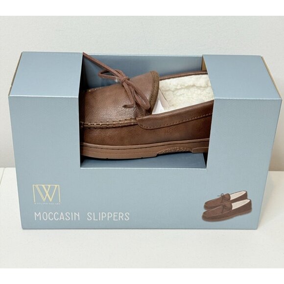 Wayland Square Moccasin Slippers Mens Size L 9 10 Brown Faux Leather Faux Fur - Picture 1 of 8